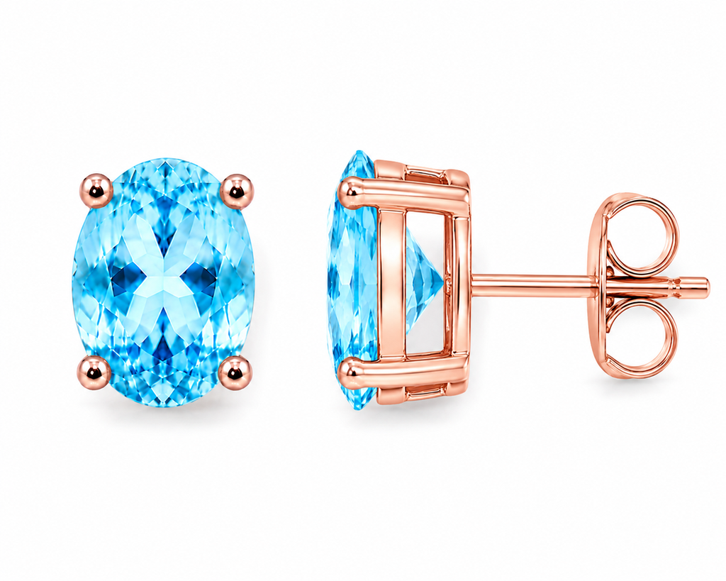 Side profile of Swiss Blue Topaz stud earrings in Rose Gold Plated 925 sterling silver showing gemstone depth and four-prong basket