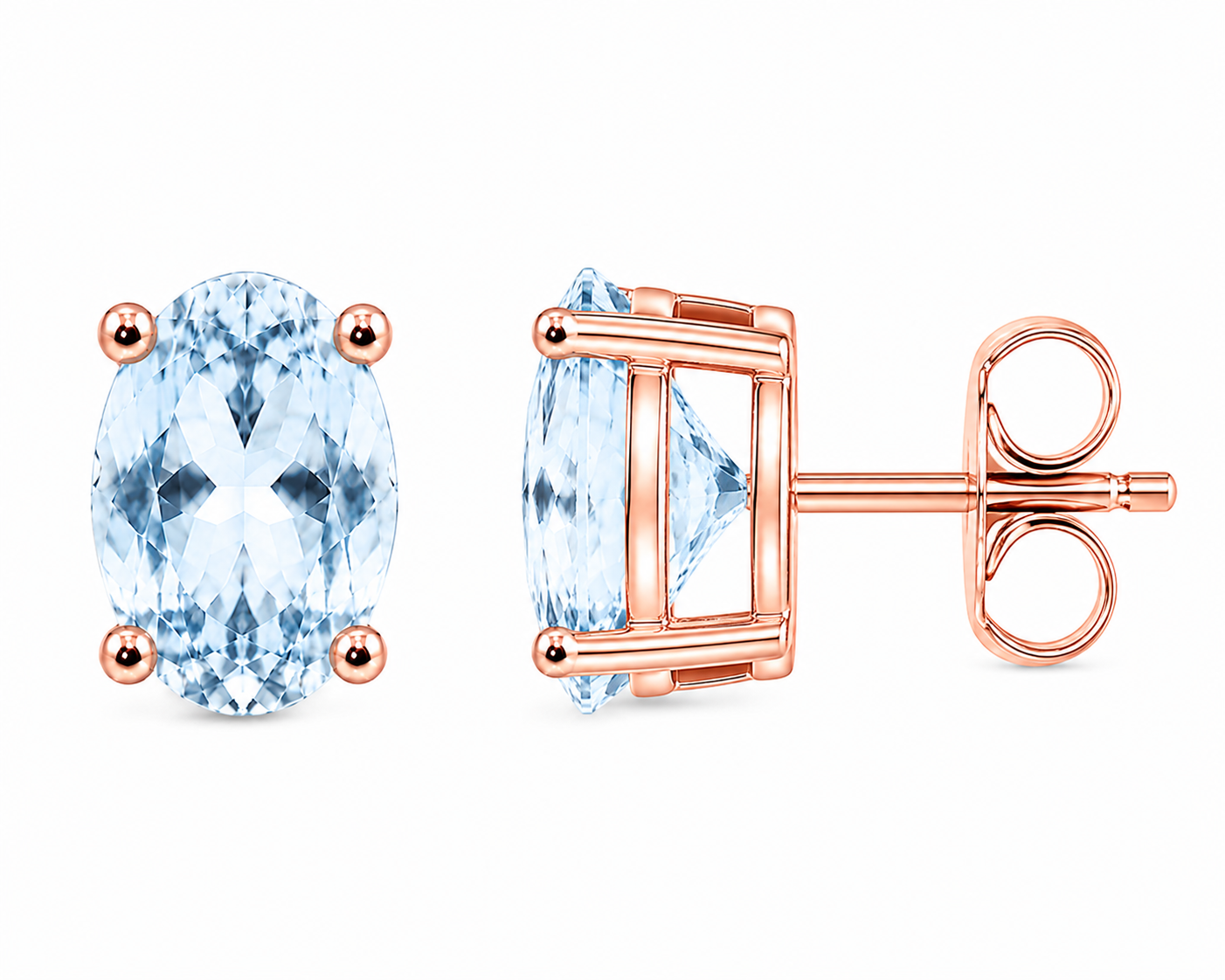Front and side views of 4x6mm Sky Blue Topaz earrings showing the open basket setting, post, and butterfly closure