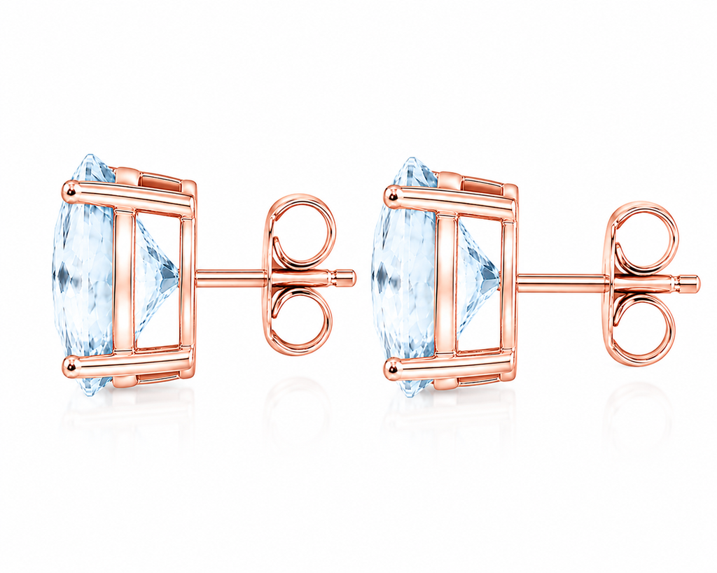 Complete side profile of Sky Blue Topaz stud earrings showing gemstone depth, four-prong basket, posts, and butterfly backs