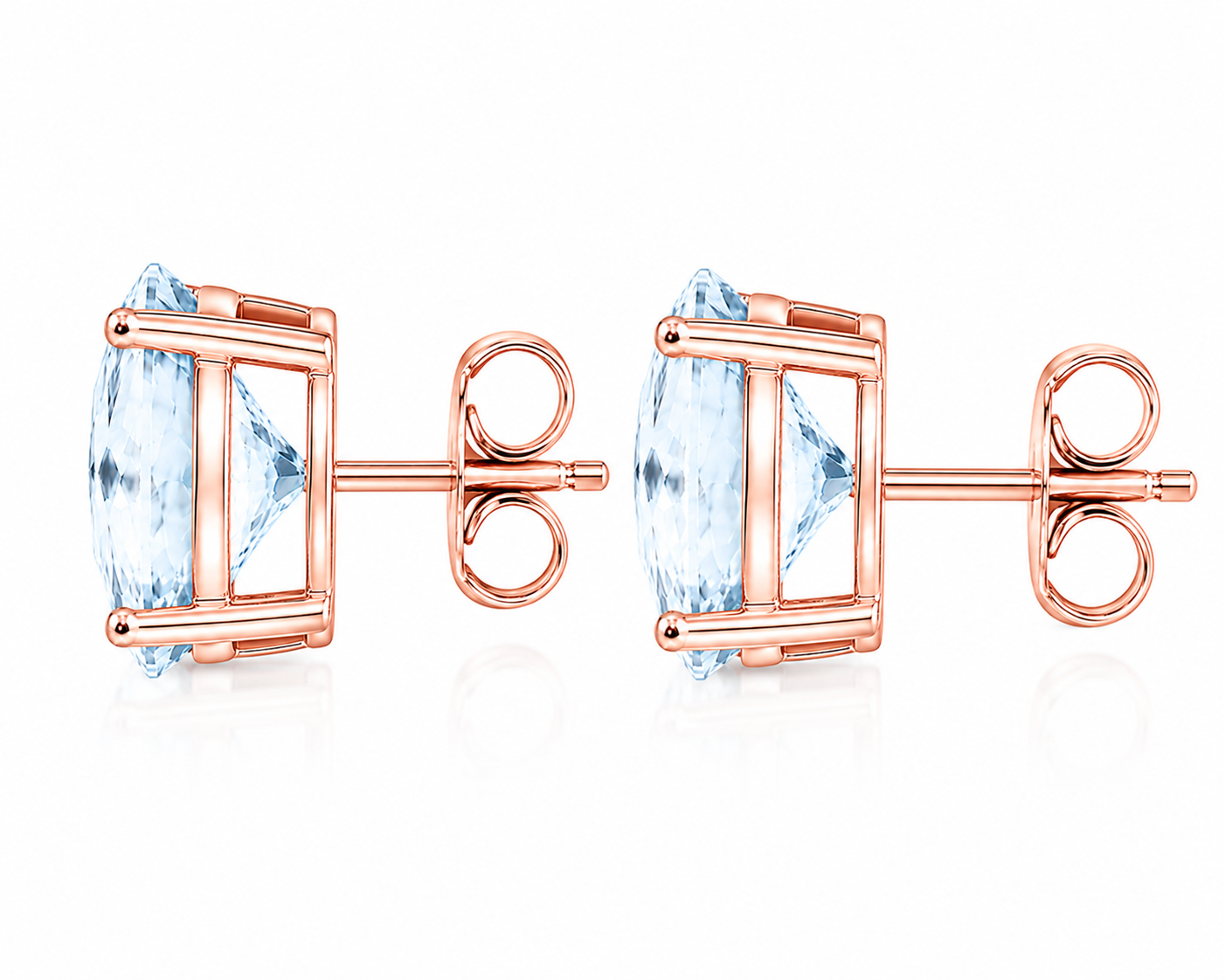 Complete side profile of Sky Blue Topaz stud earrings showing gemstone depth, four-prong basket, posts, and butterfly backs