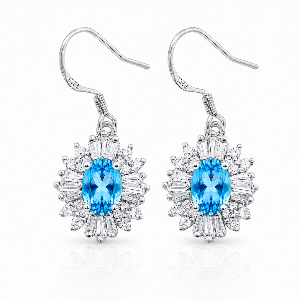 Natural 4x6mm Swiss Blue Topaz floral halo dangle earrings in Platinum Plated 925 sterling silver with cubic zirconia accents
