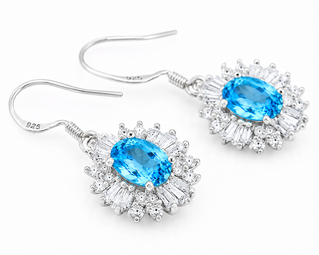 Front and side views of Swiss Blue Topaz halo earrings showing the raised basket setting, gemstone depth, and fishhook ear wires