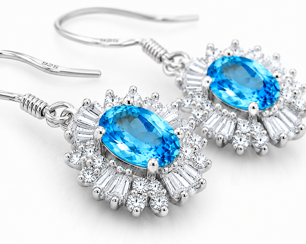 Natural 4x6mm Oval Swiss Blue Topaz Floral Halo Dangle Earrings in 925 Sterling Silver | Platinum Plated