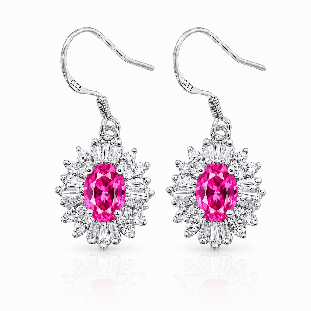 Natural 4x6mm Pink Topaz floral halo dangle earrings in Platinum Plated 925 sterling silver with cubic zirconia accents