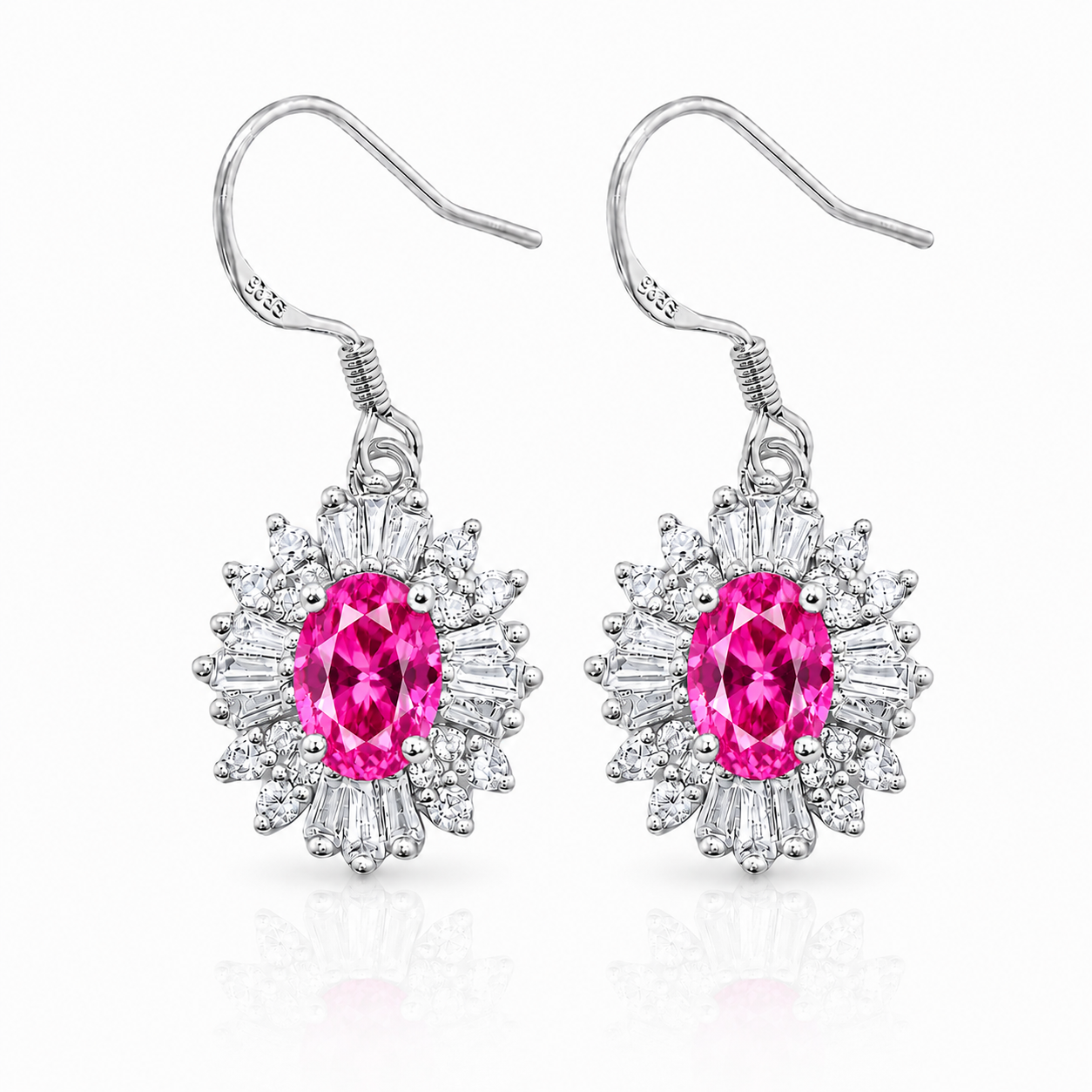 Natural 4x6mm Pink Topaz floral halo dangle earrings in Platinum Plated 925 sterling silver with cubic zirconia accents