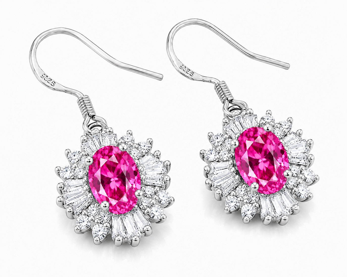 Pink Topaz floral dangle earrings shown at an angle with vivid oval gemstones, sparkling mixed-shape halos, and silver fishhooks