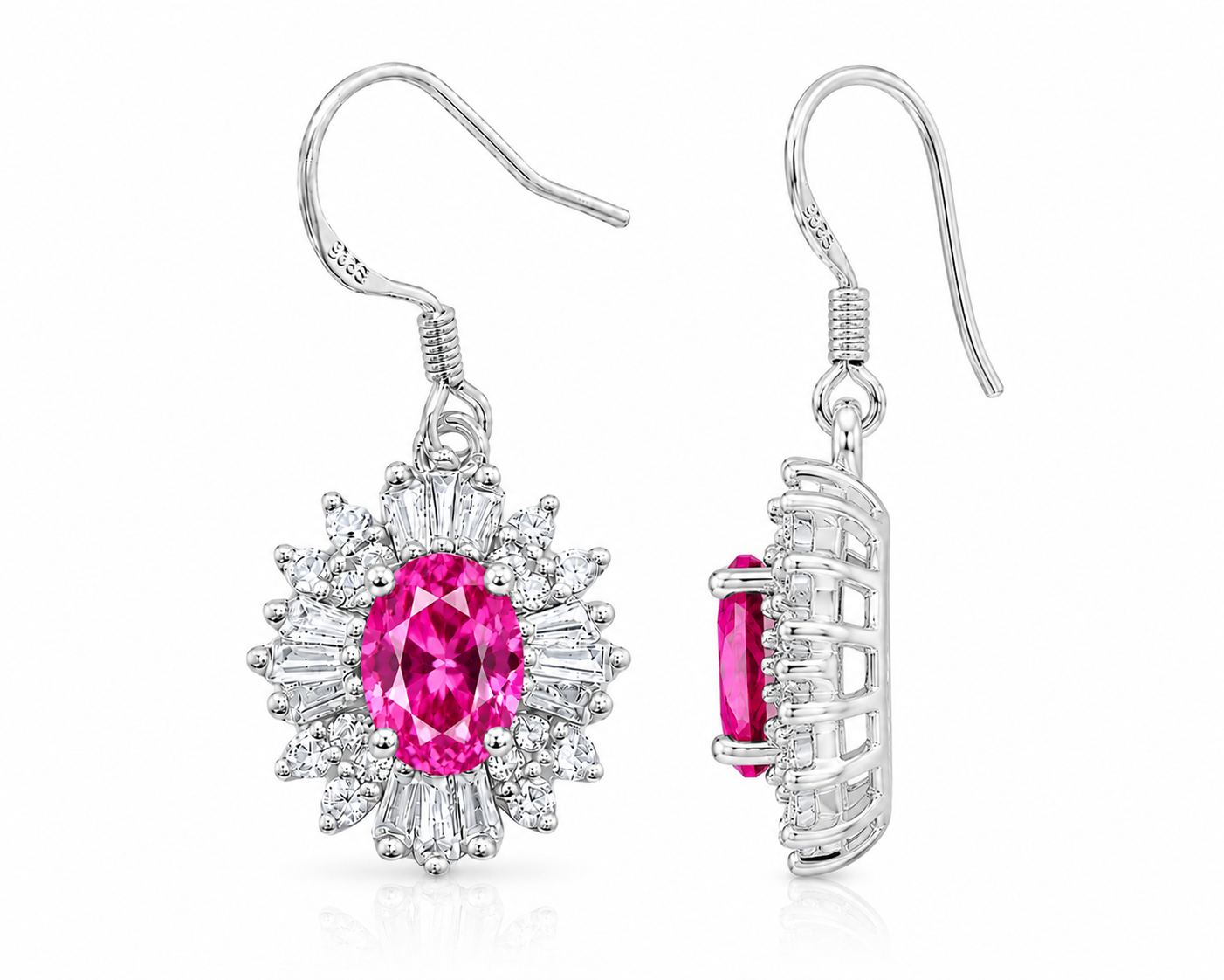Front and side views of 4x6mm Pink Topaz halo earrings showing gemstone depth, open basket setting, and fishhook ear wires