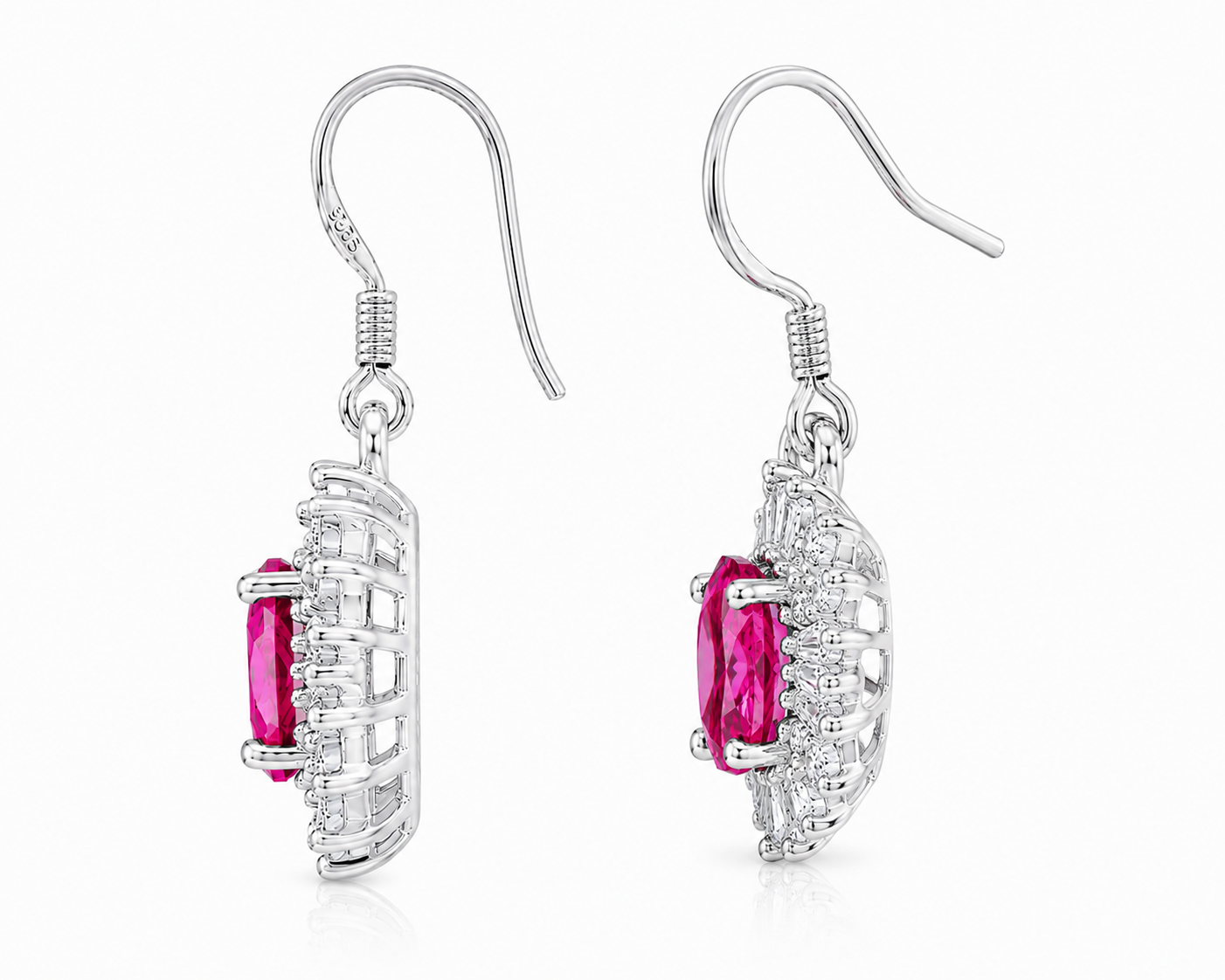 Complete side profile of Pink Topaz floral dangle earrings showing the raised halo setting, gemstone depth, and silver fishhooks