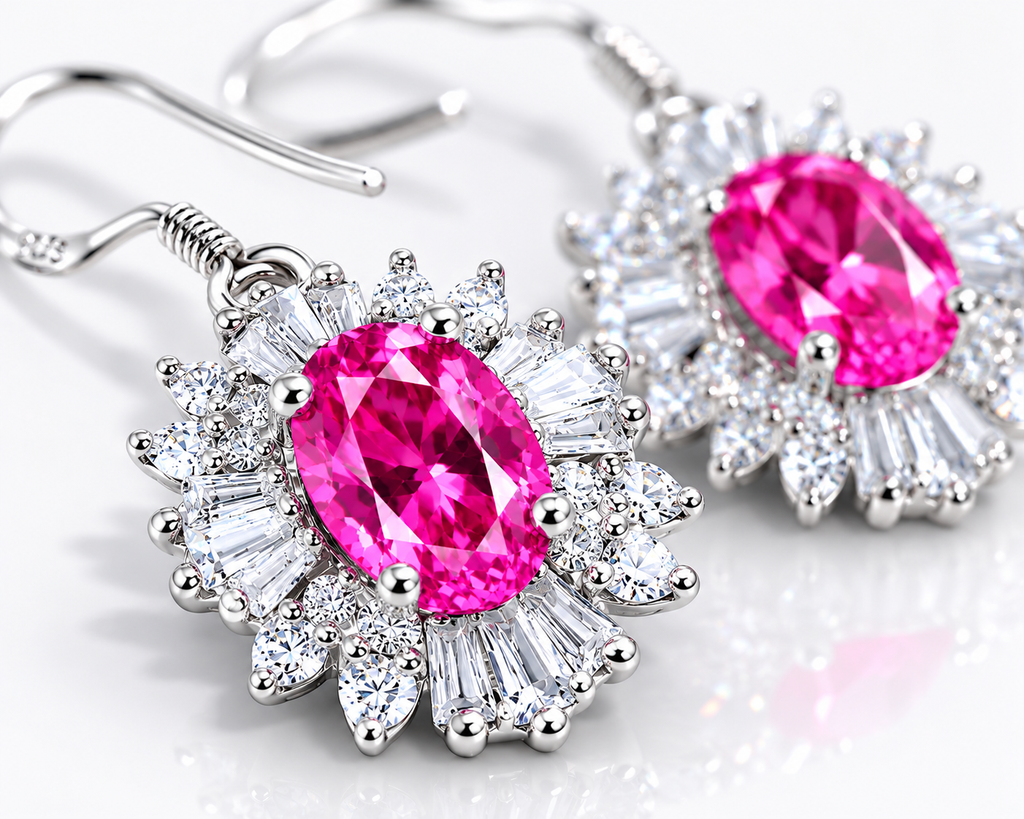 Macro close-up of natural Pink Topaz floral halo earrings with vivid pink facets and sparkling cubic zirconia accents