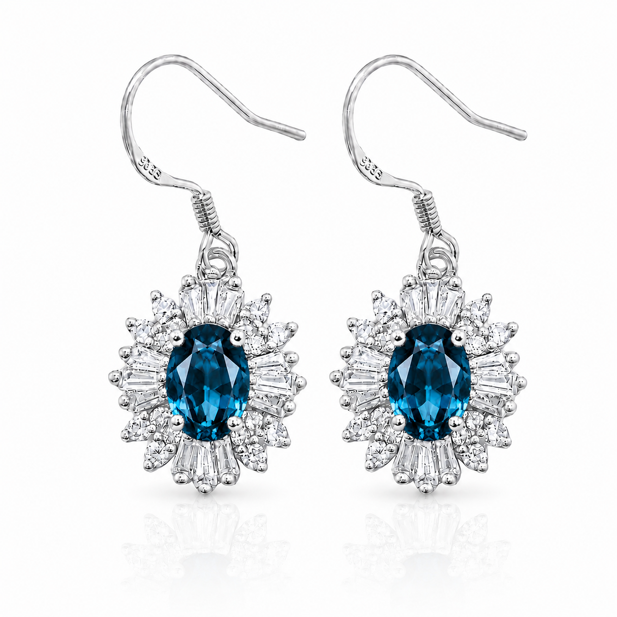 Natural 4x6mm London Blue Topaz floral halo dangle earrings in Platinum Plated 925 sterling silver with cubic zirconia accents