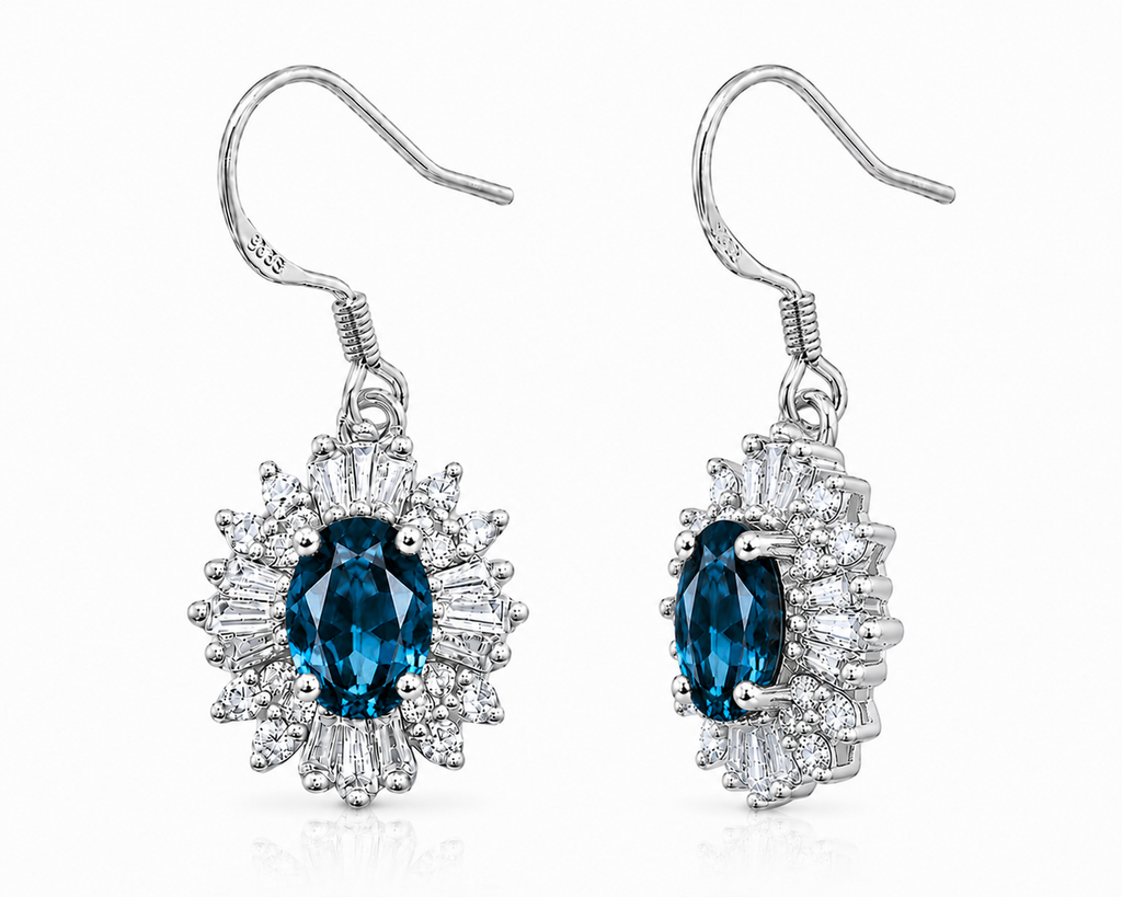 Front and side views of London Blue Topaz halo earrings showing gemstone depth, open basket setting, and fishhook ear wires