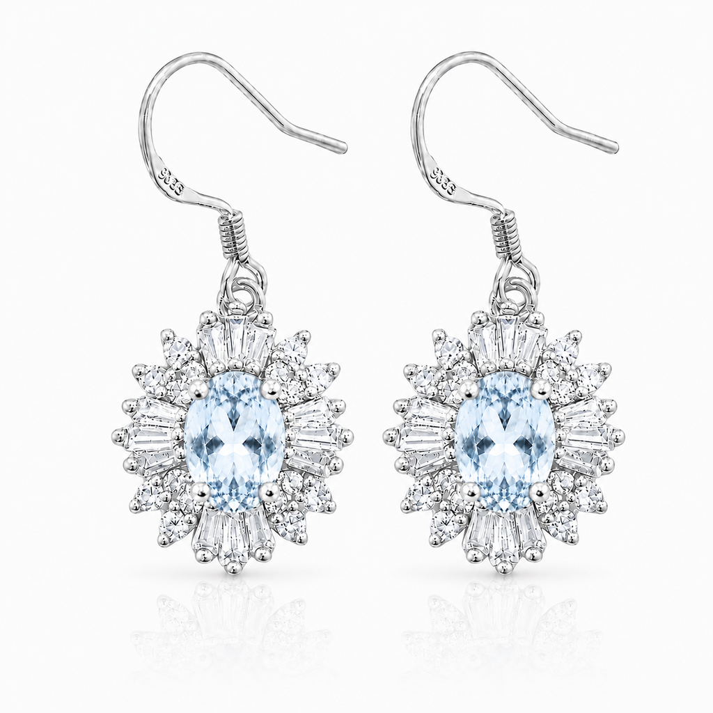 Natural 4x6mm Sky Blue Topaz floral halo dangle earrings in Platinum Plated 925 sterling silver with cubic zirconia accents