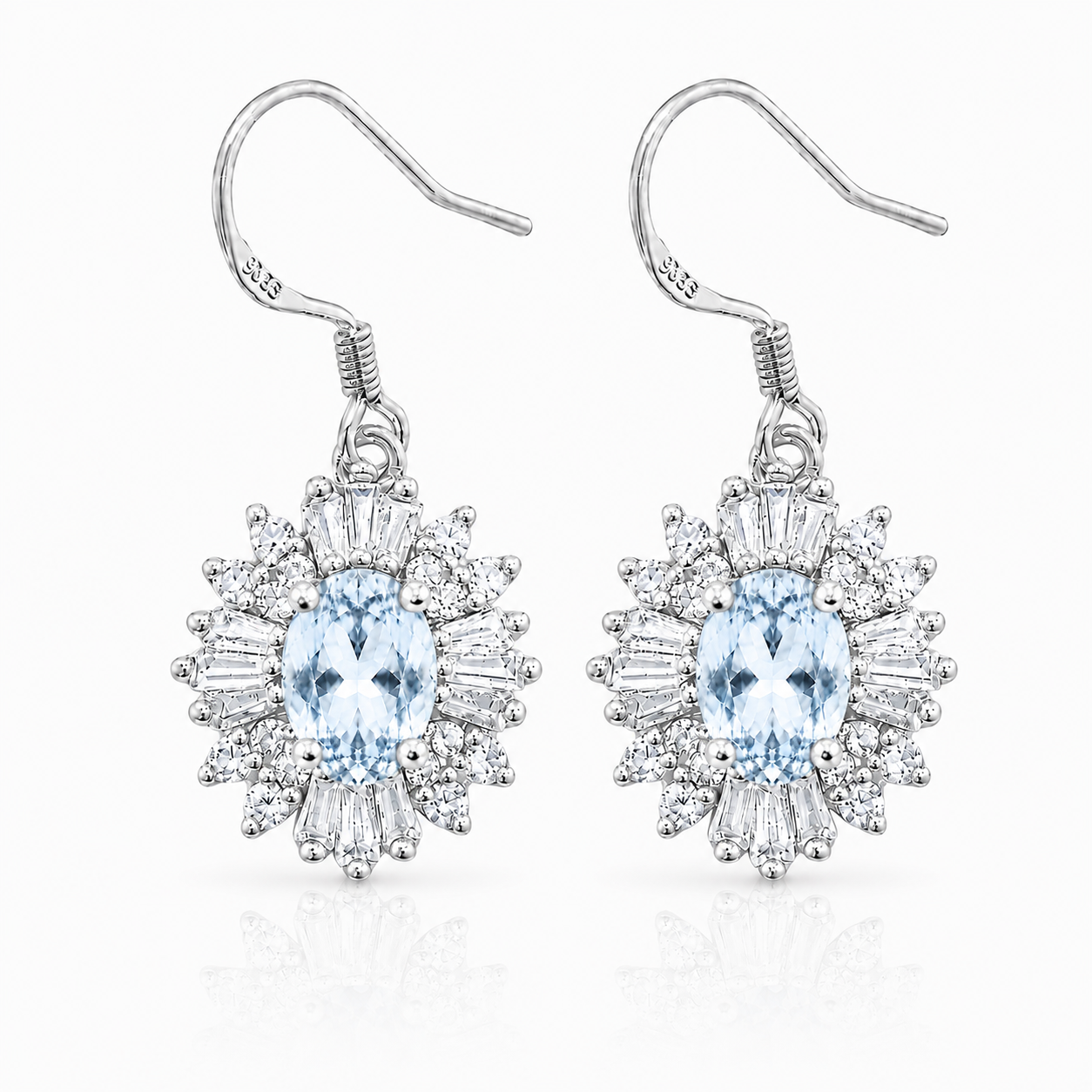 Natural 4x6mm Sky Blue Topaz floral halo dangle earrings in Platinum Plated 925 sterling silver with cubic zirconia accents