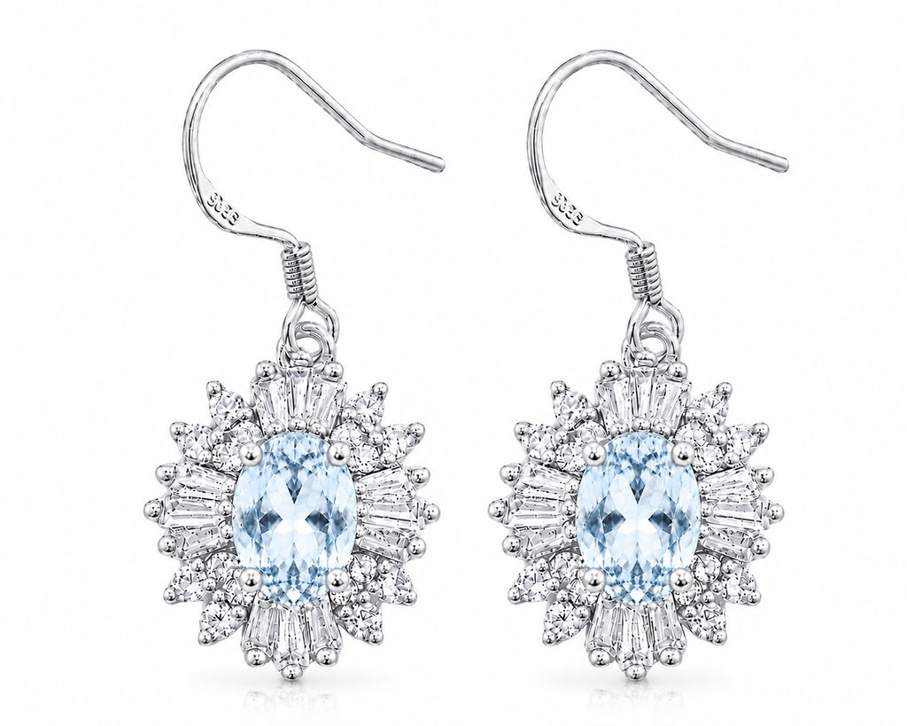 Front and side views of Sky Blue Topaz halo earrings showing gemstone depth, open basket setting, and fishhook ear wires