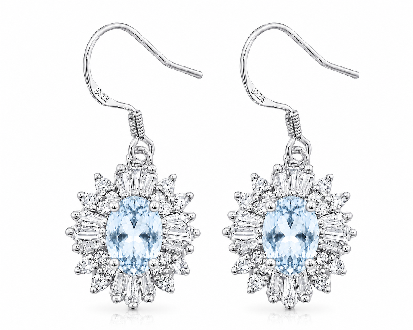 Front and side views of Sky Blue Topaz halo earrings showing gemstone depth, open basket setting, and fishhook ear wires