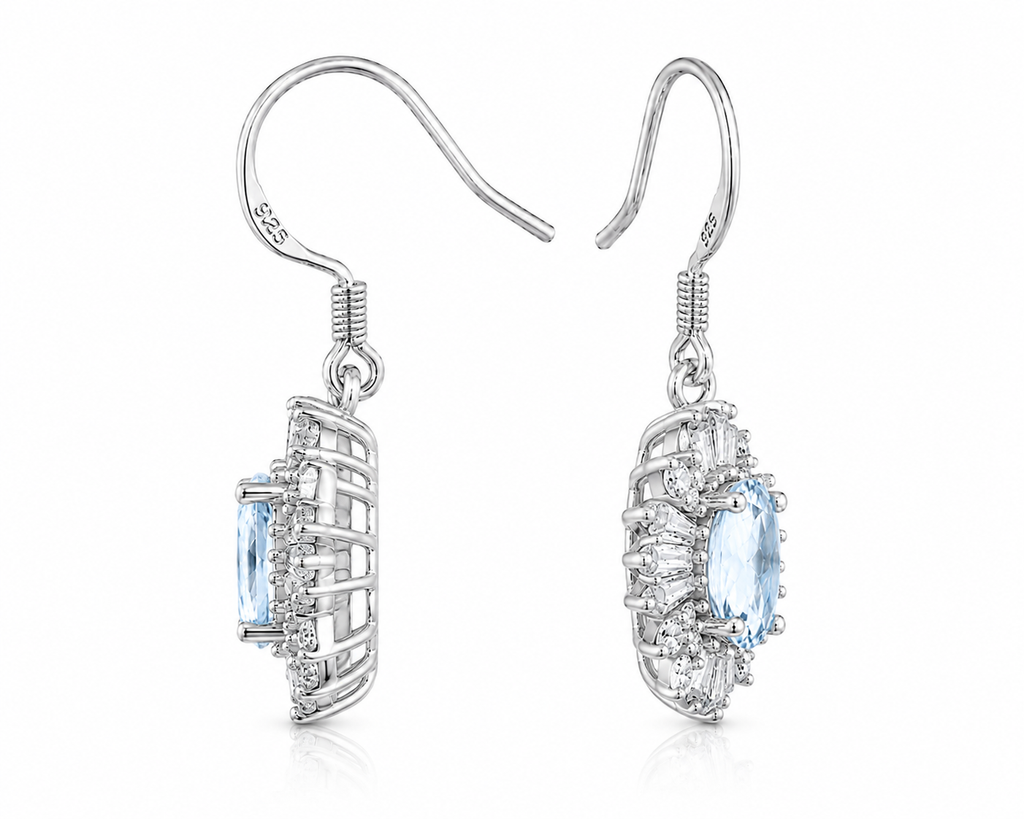 Complete side profile of 4x6mm Sky Blue Topaz dangle earrings showing the raised floral setting and open silver gallery