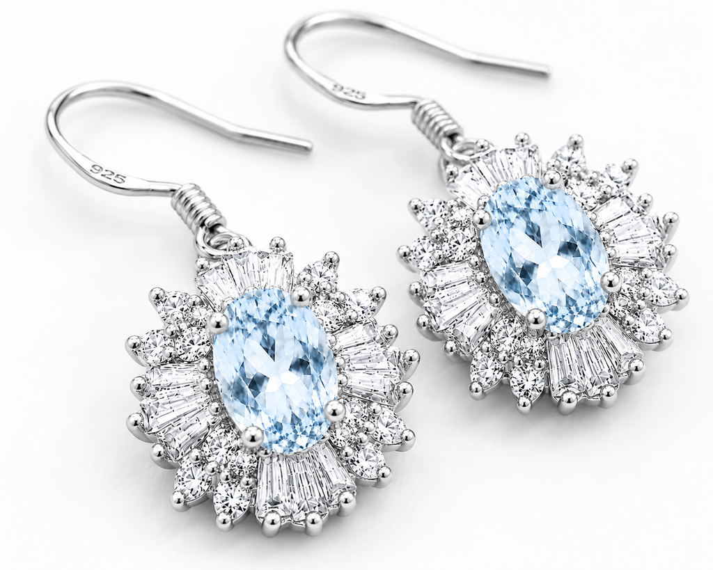 Macro close-up of natural Sky Blue Topaz floral halo earrings with pale blue facets and sparkling cubic zirconia accents