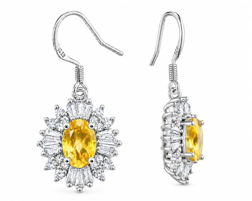 Complete side profile of natural citrine halo earrings showcasing the sterling silver basket setting and fish hook ear wire.