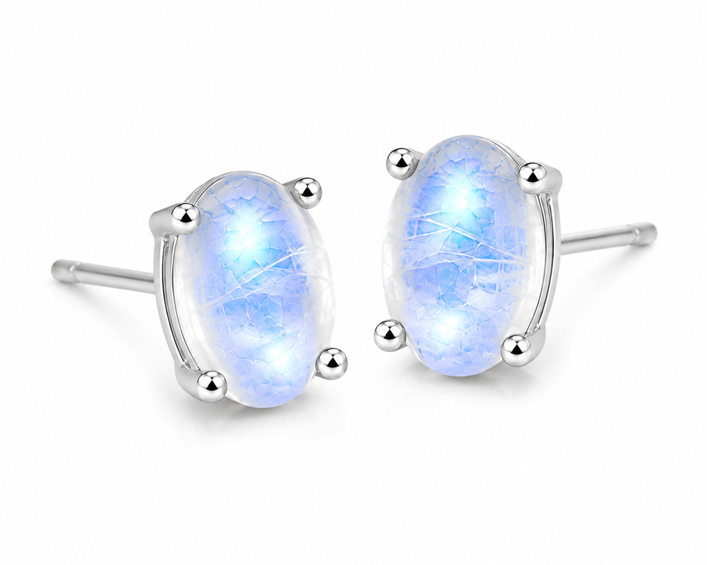45-degree view of natural moonstone stud earrings in sterling silver