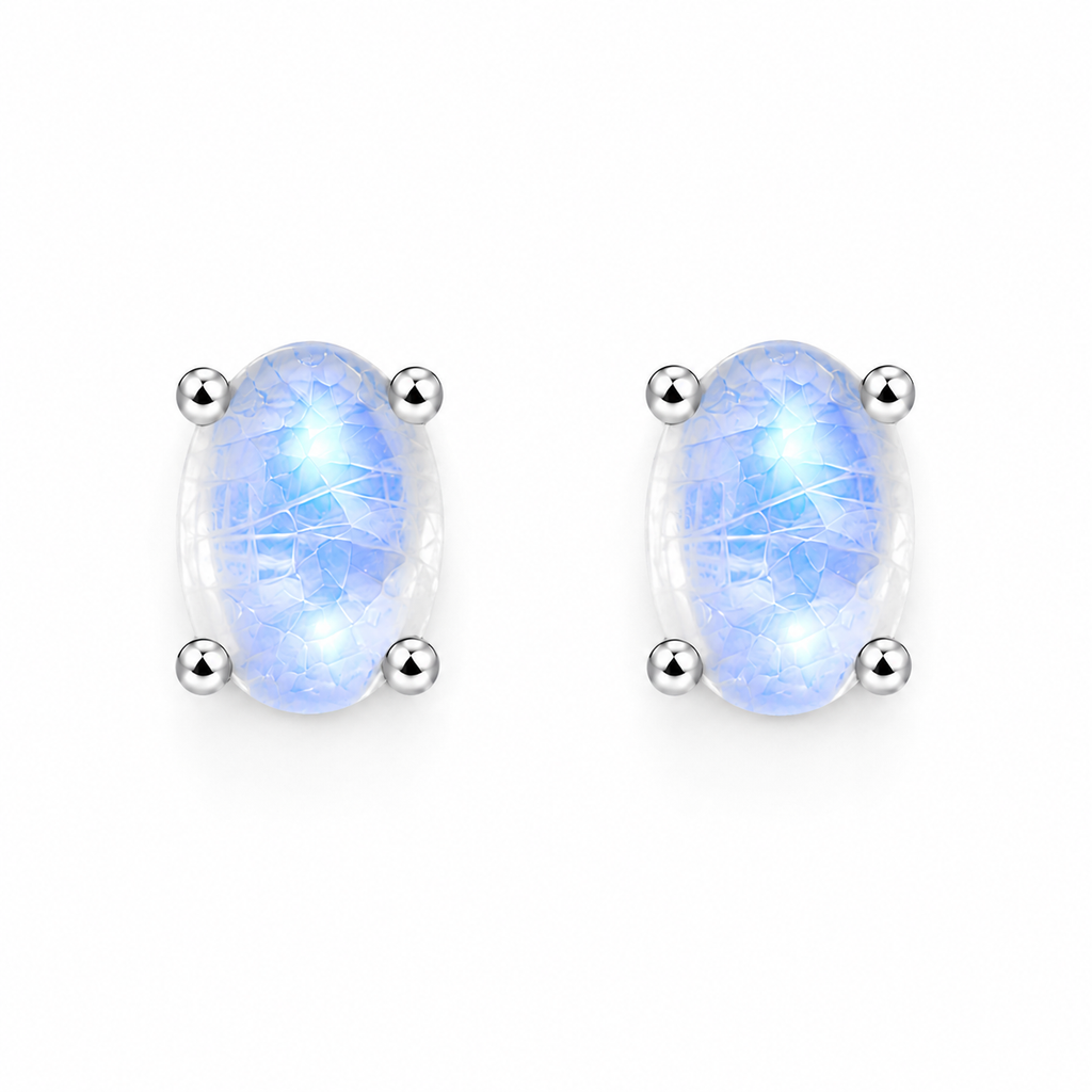 Top-down view of natural 4x6mm moonstone stud earrings
