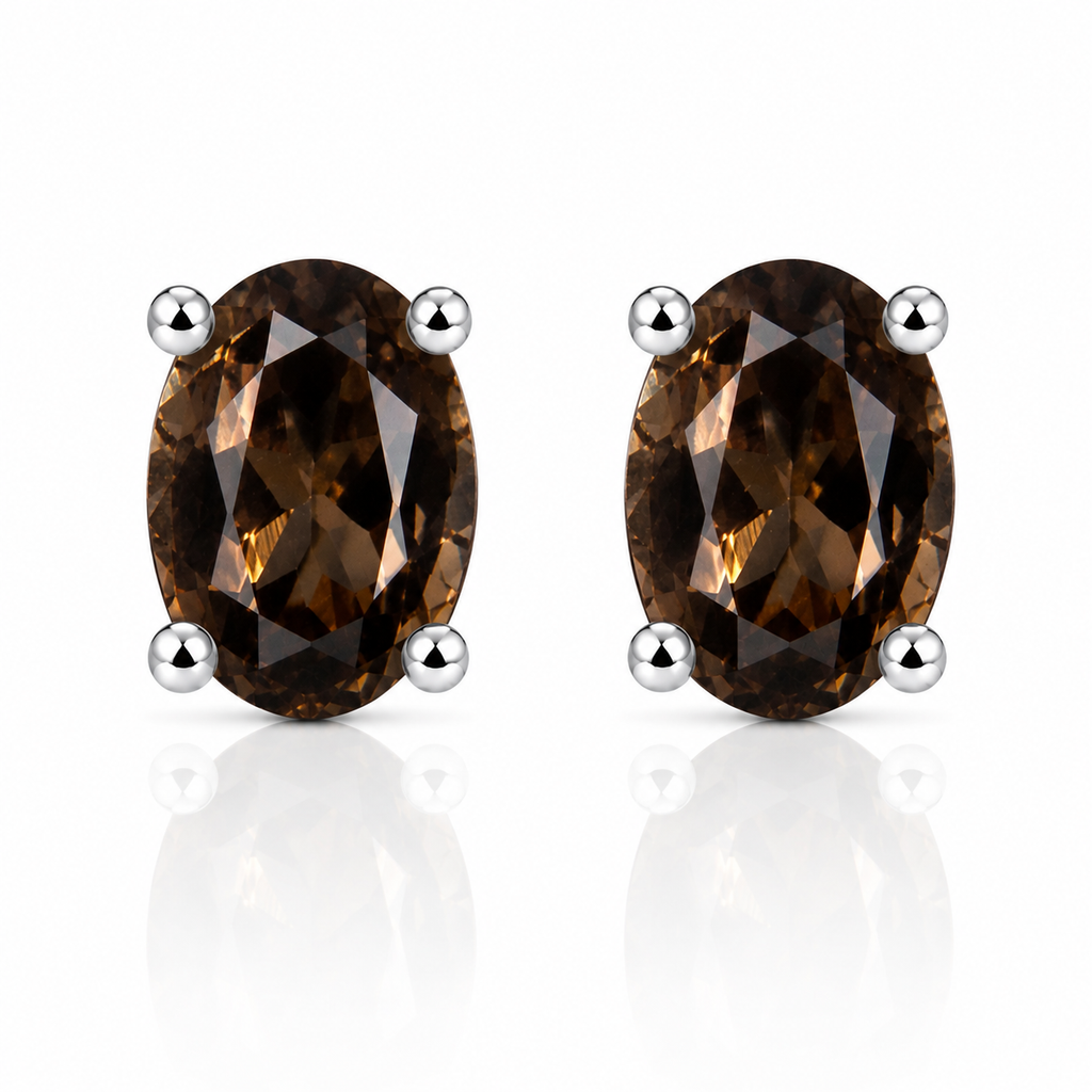 Natural 4x6mm oval smoky quartz stud earrings in 925 sterling silver on white background