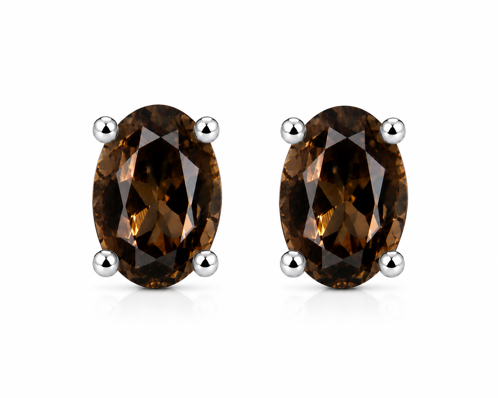 Top view of natural oval smoky quartz stud earrings in 925 sterling silver