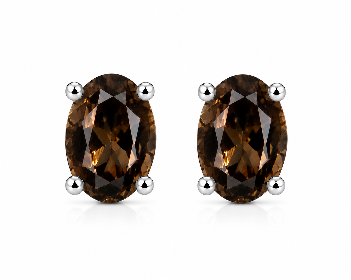 Top view of natural oval smoky quartz stud earrings in 925 sterling silver
