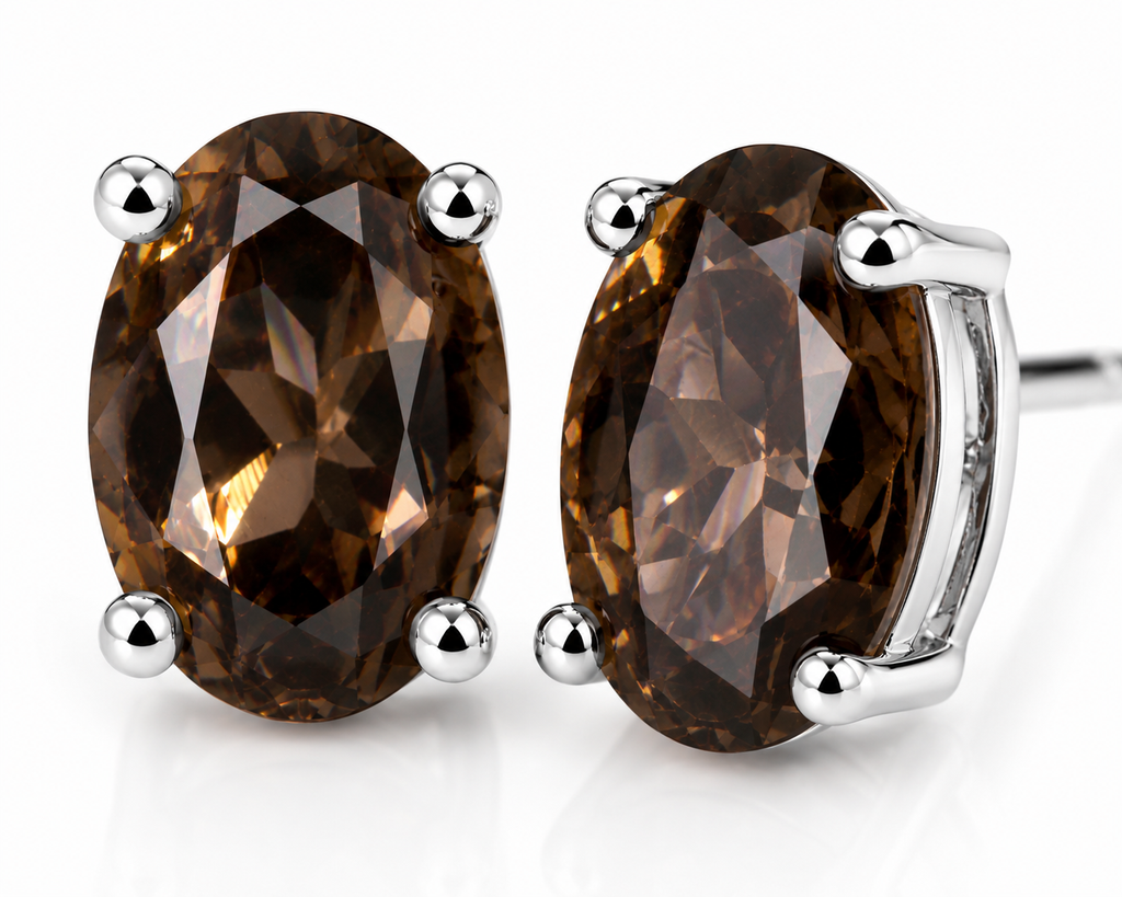 Macro close-up of natural smoky quartz gemstone stud earrings highlighting facets and brilliance