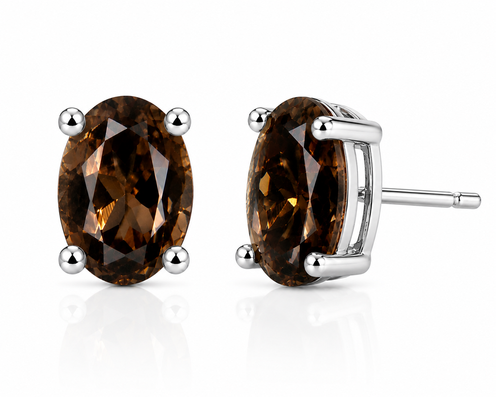 Side profile of natural 4x6mm smoky quartz stud earrings showing basket setting