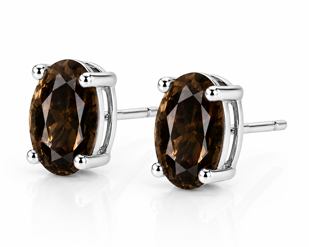 45 degree view of natural 4x6mm smoky quartz stud earrings in sterling silver