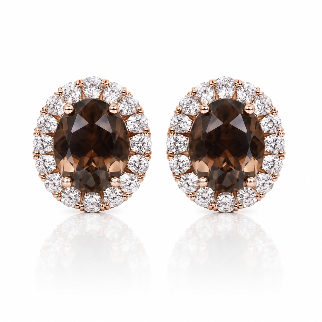 Natural 8x10mm oval smoky quartz halo stud earrings in 925 sterling silver on white background
