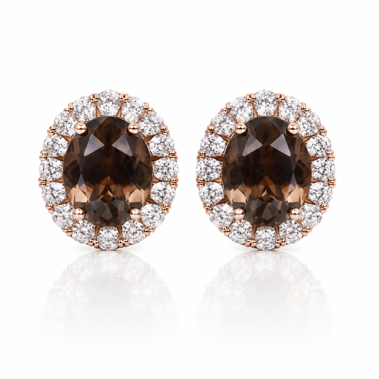 Natural 8x10mm oval smoky quartz halo stud earrings in 925 sterling silver on white background