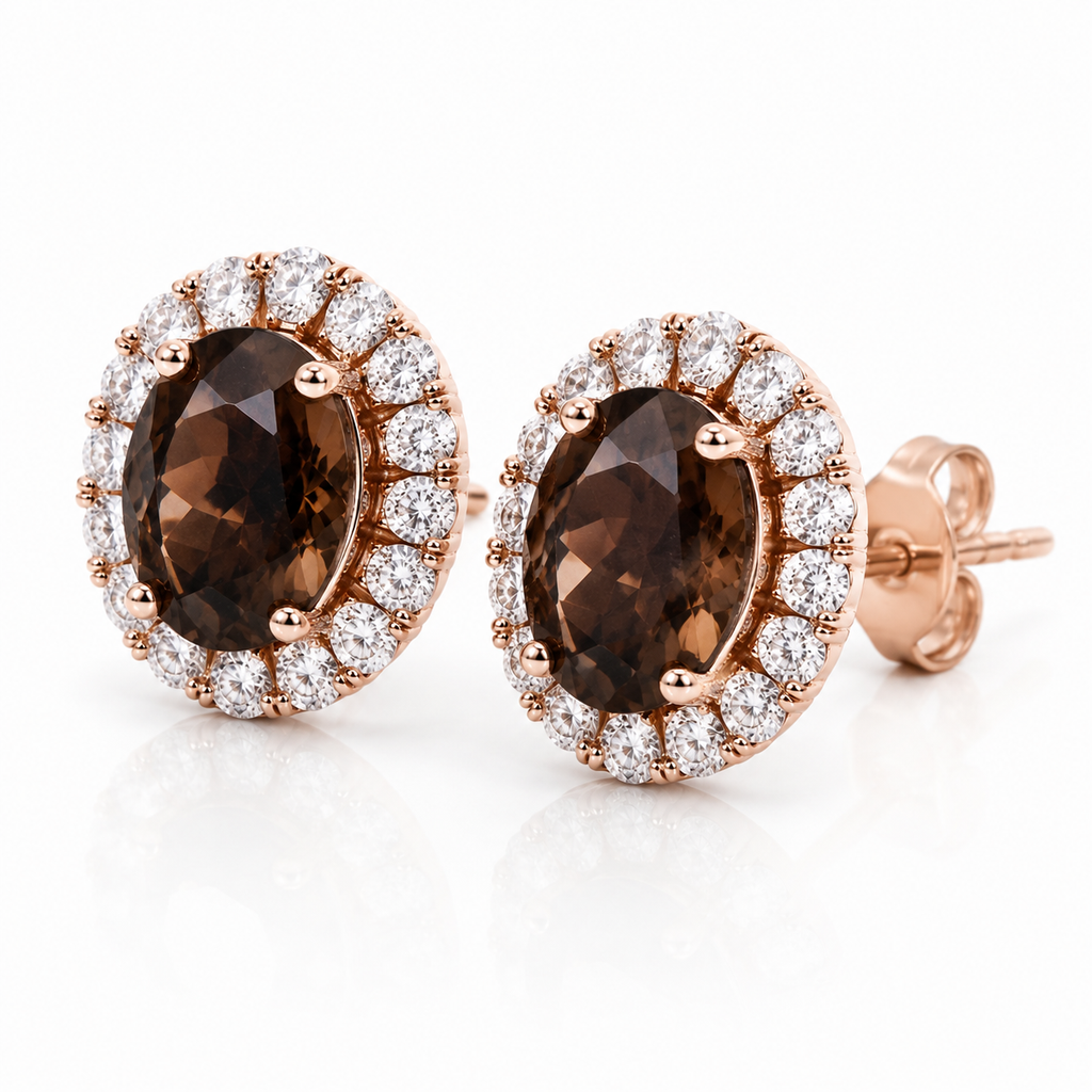 45 degree view of natural smoky quartz halo stud earrings in sterling silver