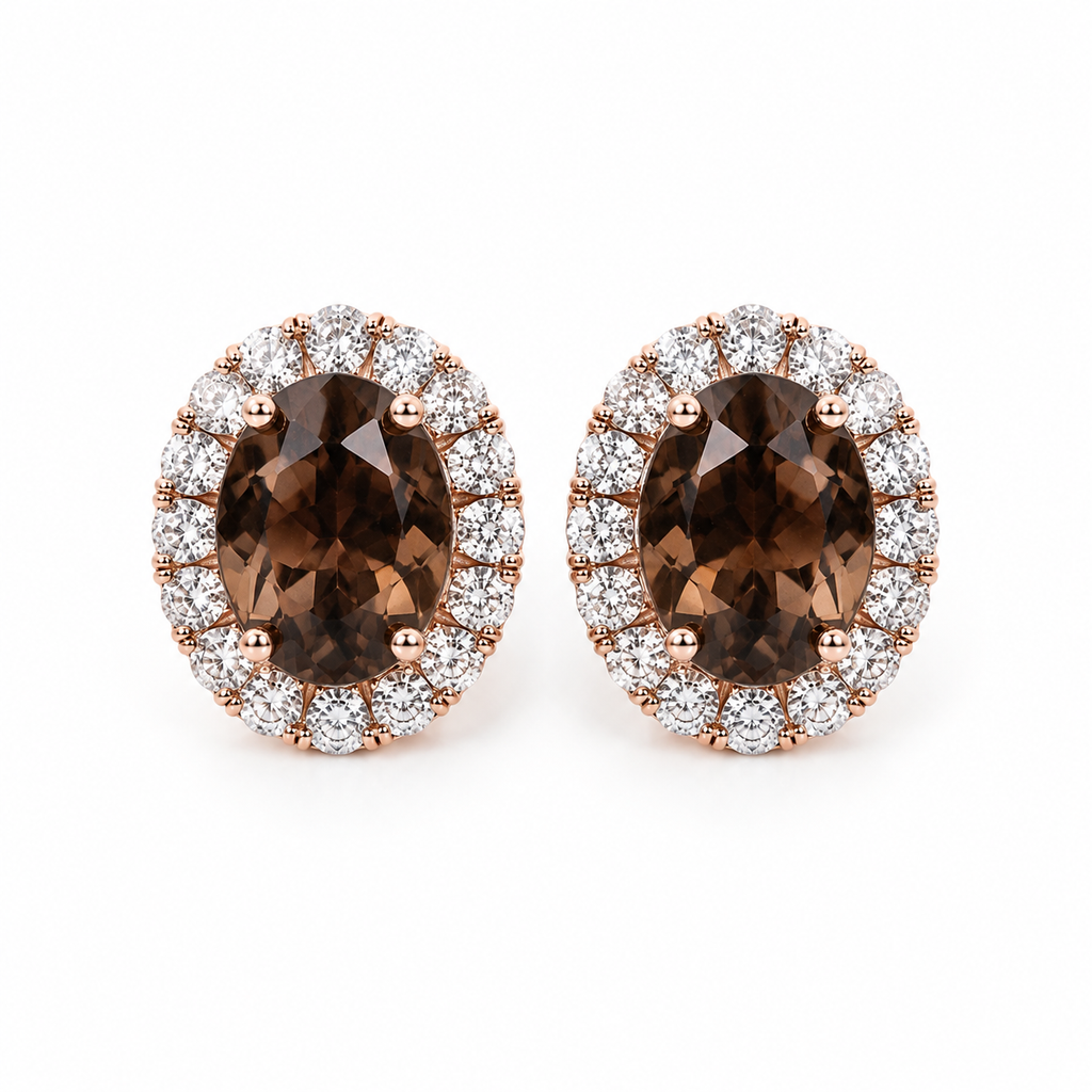 Top view of natural 8x10mm smoky quartz halo earrings