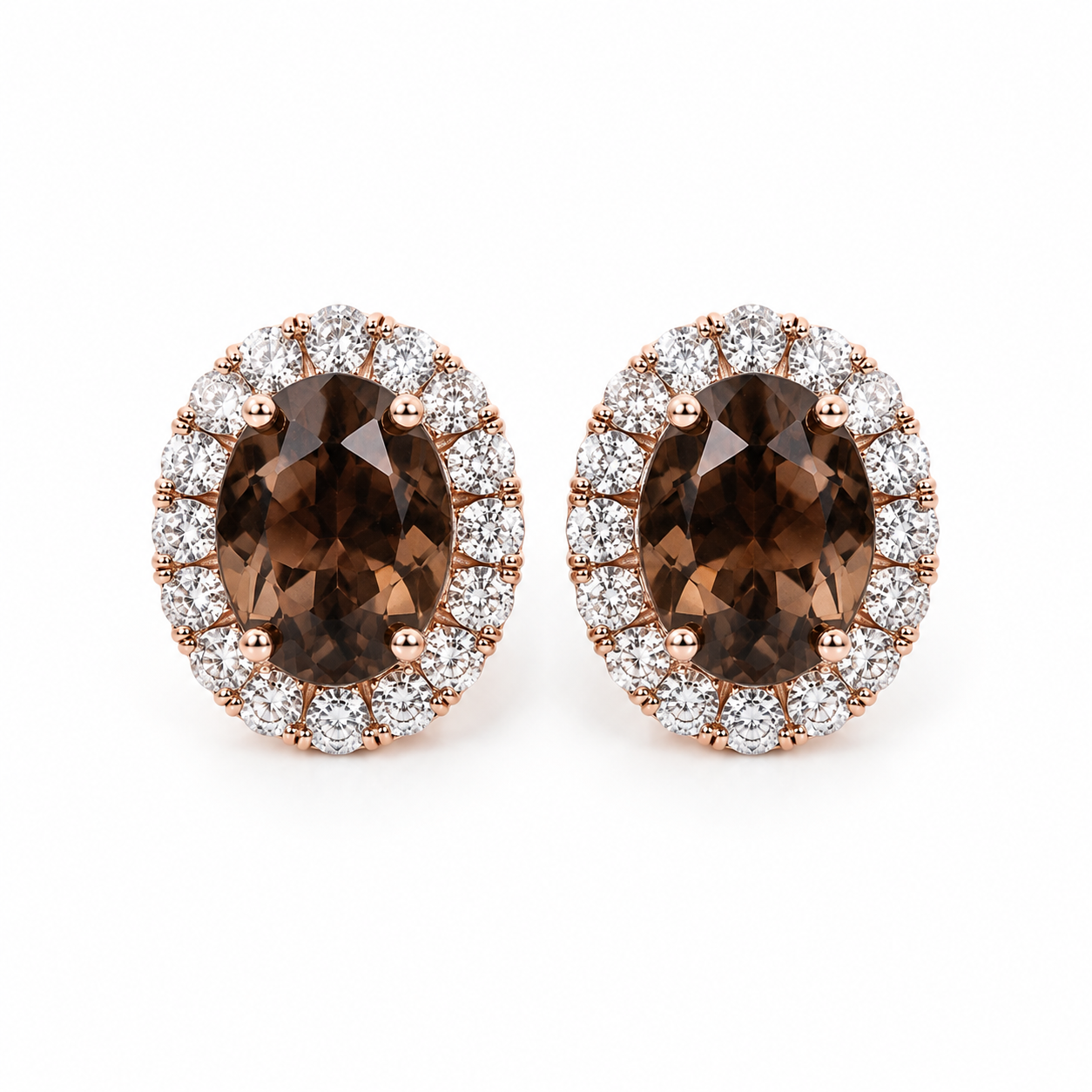 Top view of natural 8x10mm smoky quartz halo earrings
