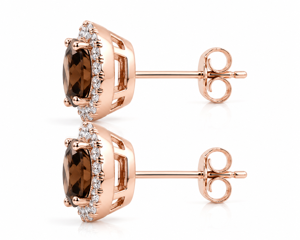 Side profile of smoky quartz halo stud earrings showing basket setting