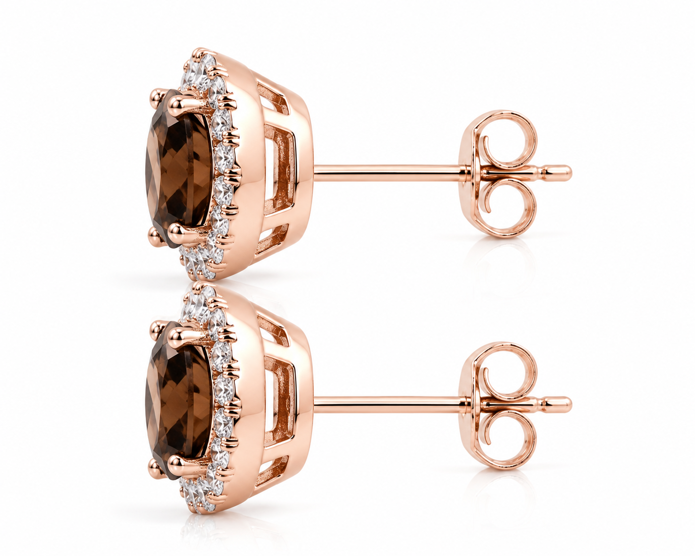 Side profile of smoky quartz halo stud earrings showing basket setting