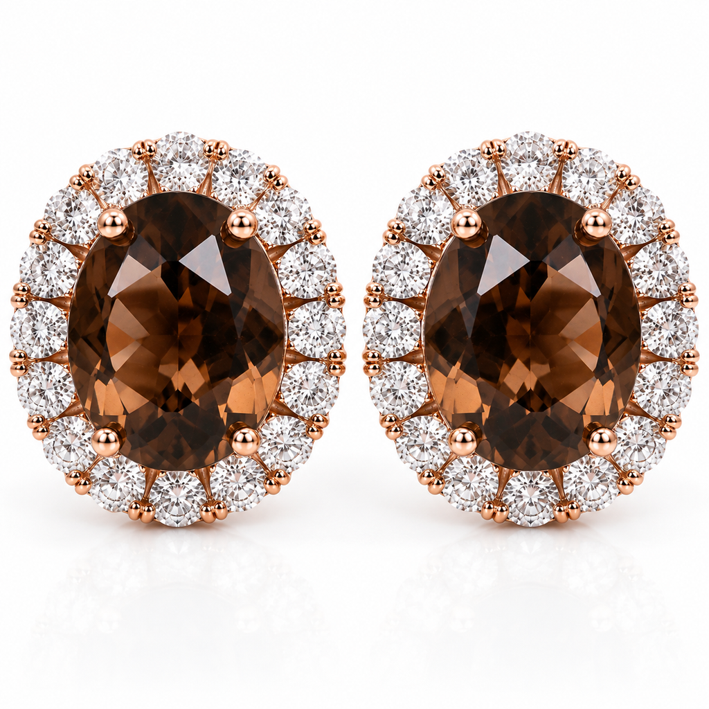 Macro close-up of natural smoky quartz halo earrings highlighting gemstone facets and cubic zirconia brilliance