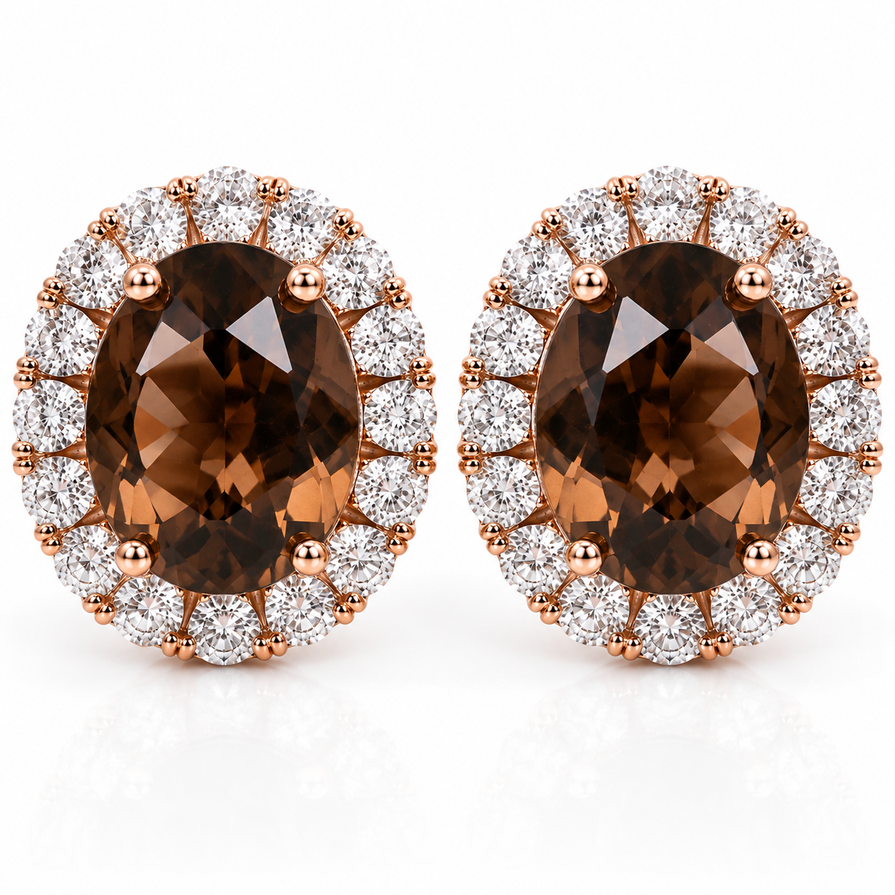 Macro close-up of natural smoky quartz halo earrings highlighting gemstone facets and cubic zirconia brilliance