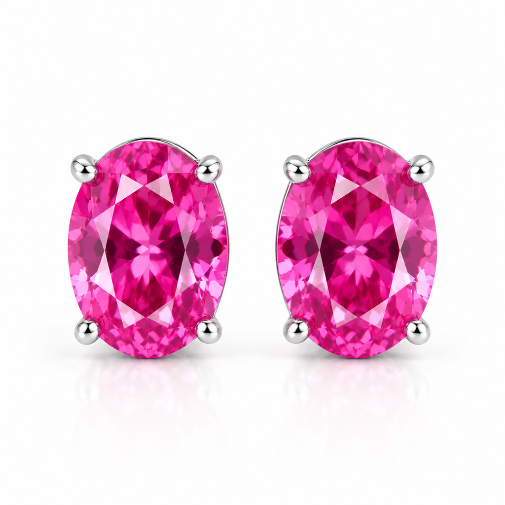 Natural 4x6mm oval pink topaz stud earrings in 925 sterling silver with platinum plated finish