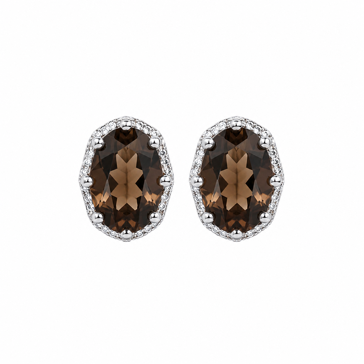 Natural 5x7mm oval smoky quartz halo stud earrings in 925 sterling silver on white background