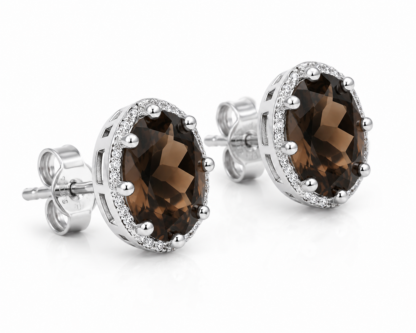 45 degree view of natural smoky quartz halo stud earrings in sterling silver