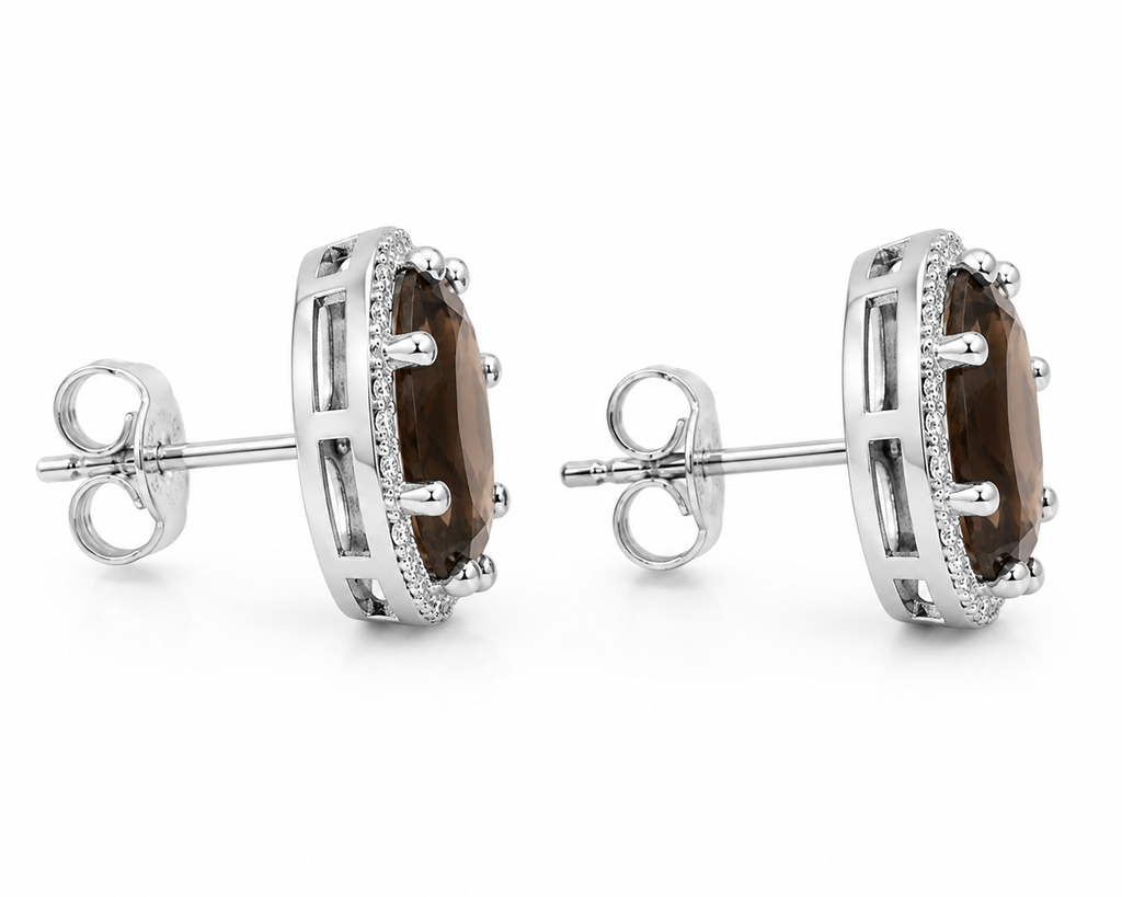 Side profile of smoky quartz halo stud earrings showing basket setting