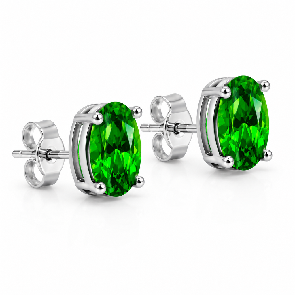 Side profile of natural 4x6mm chrome diopside stud earrings showing prong setting
