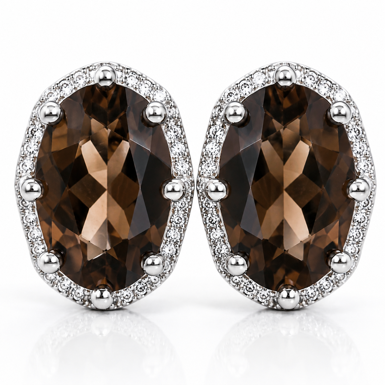 Macro close-up of natural smoky quartz halo stud earrings highlighting gemstone facets and sparkling cubic zirconia halo