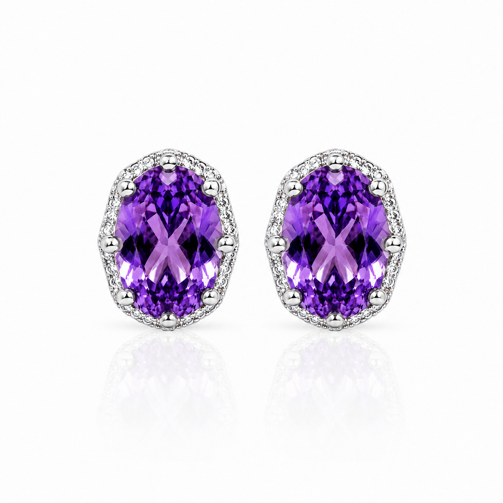 Natural 5x7mm oval amethyst halo stud earrings in 925 sterling silver on white background