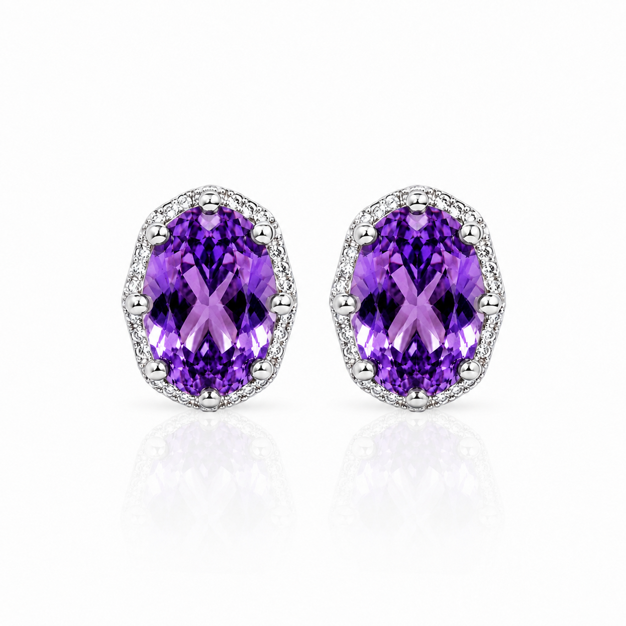 Natural 5x7mm oval amethyst halo stud earrings in 925 sterling silver on white background