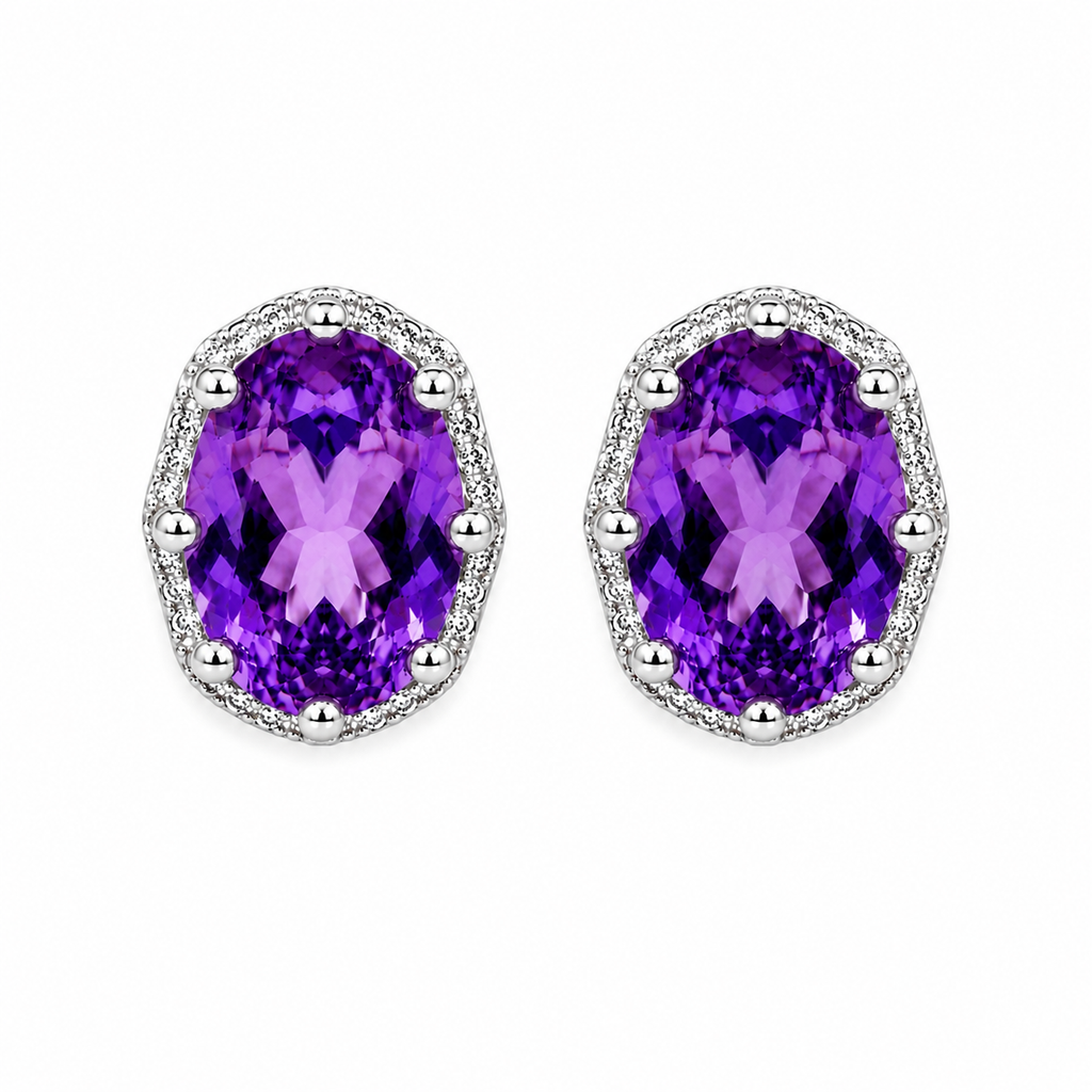 Top-down view of natural 5x7mm amethyst halo stud earrings