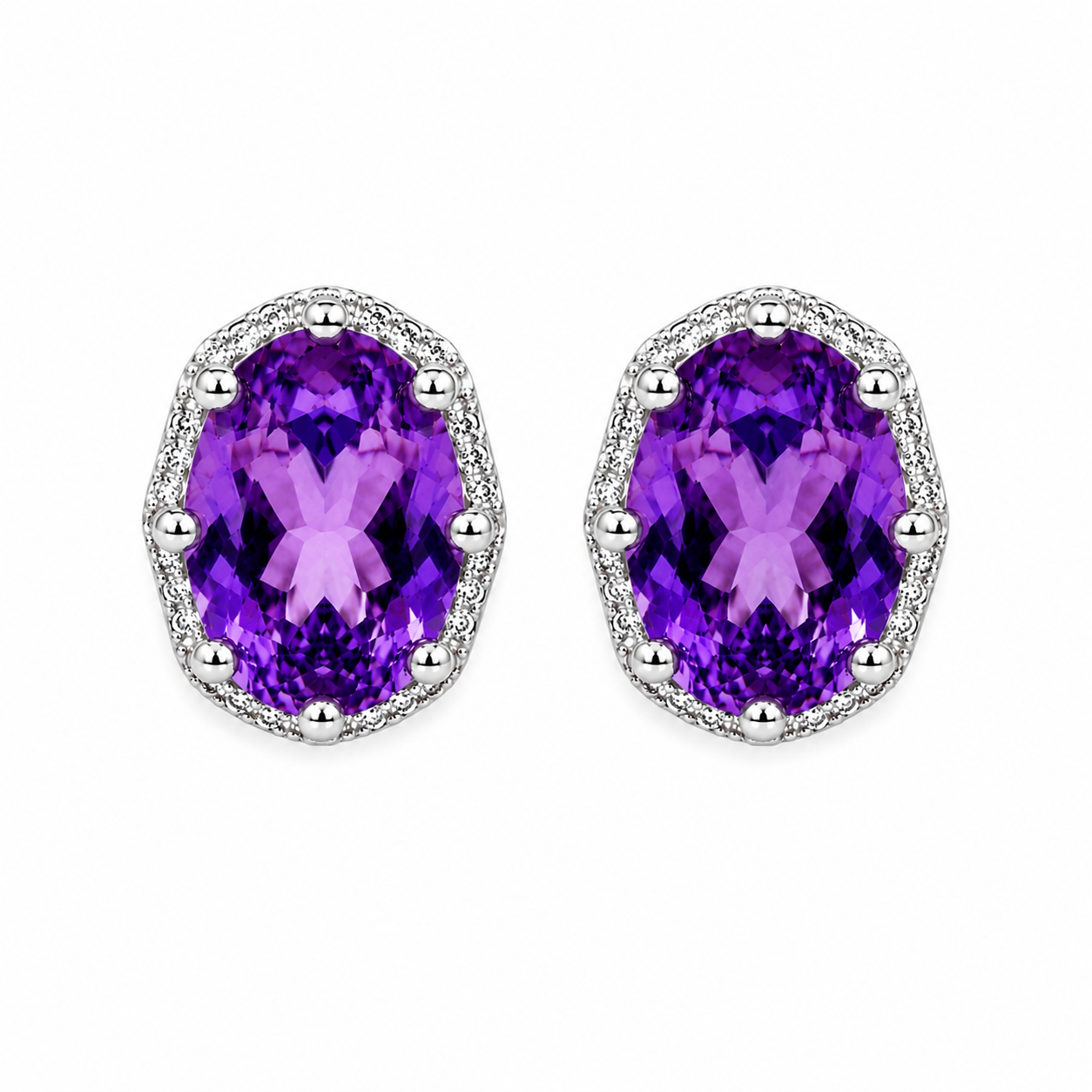 Top-down view of natural 5x7mm amethyst halo stud earrings
