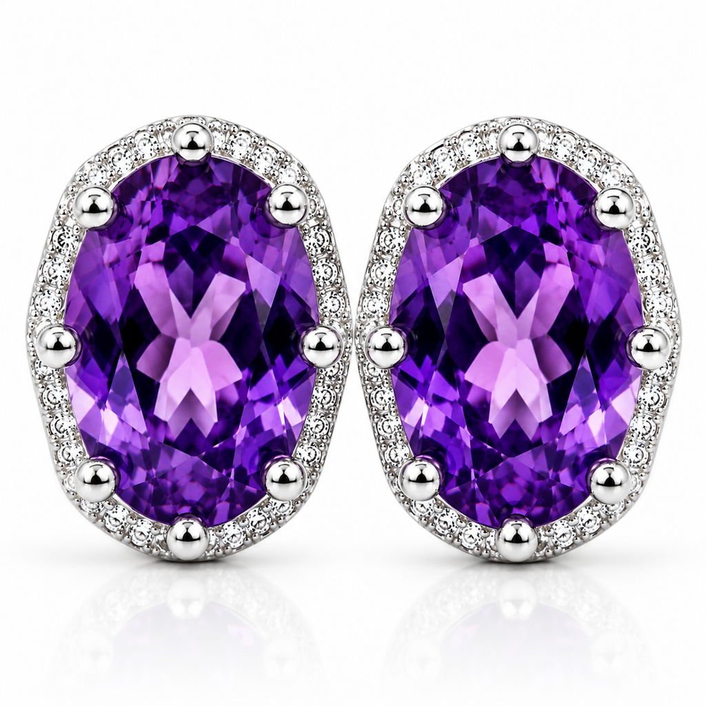 Macro close-up of natural amethyst halo stud earrings highlighting gemstone facets and sparkling cubic zirconia halo